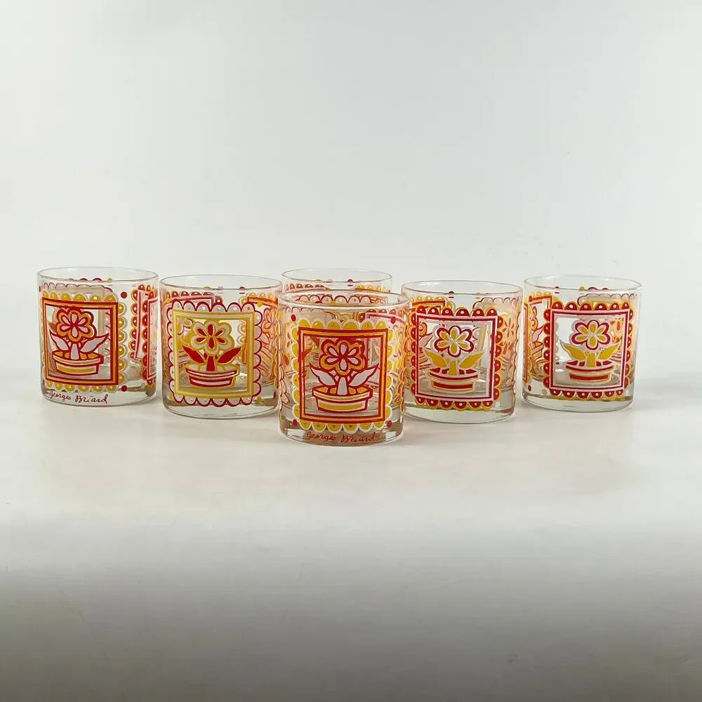 Georges Briard Mid-Century Lowball Glasses Set of 6 Red Yellow Flower Retro